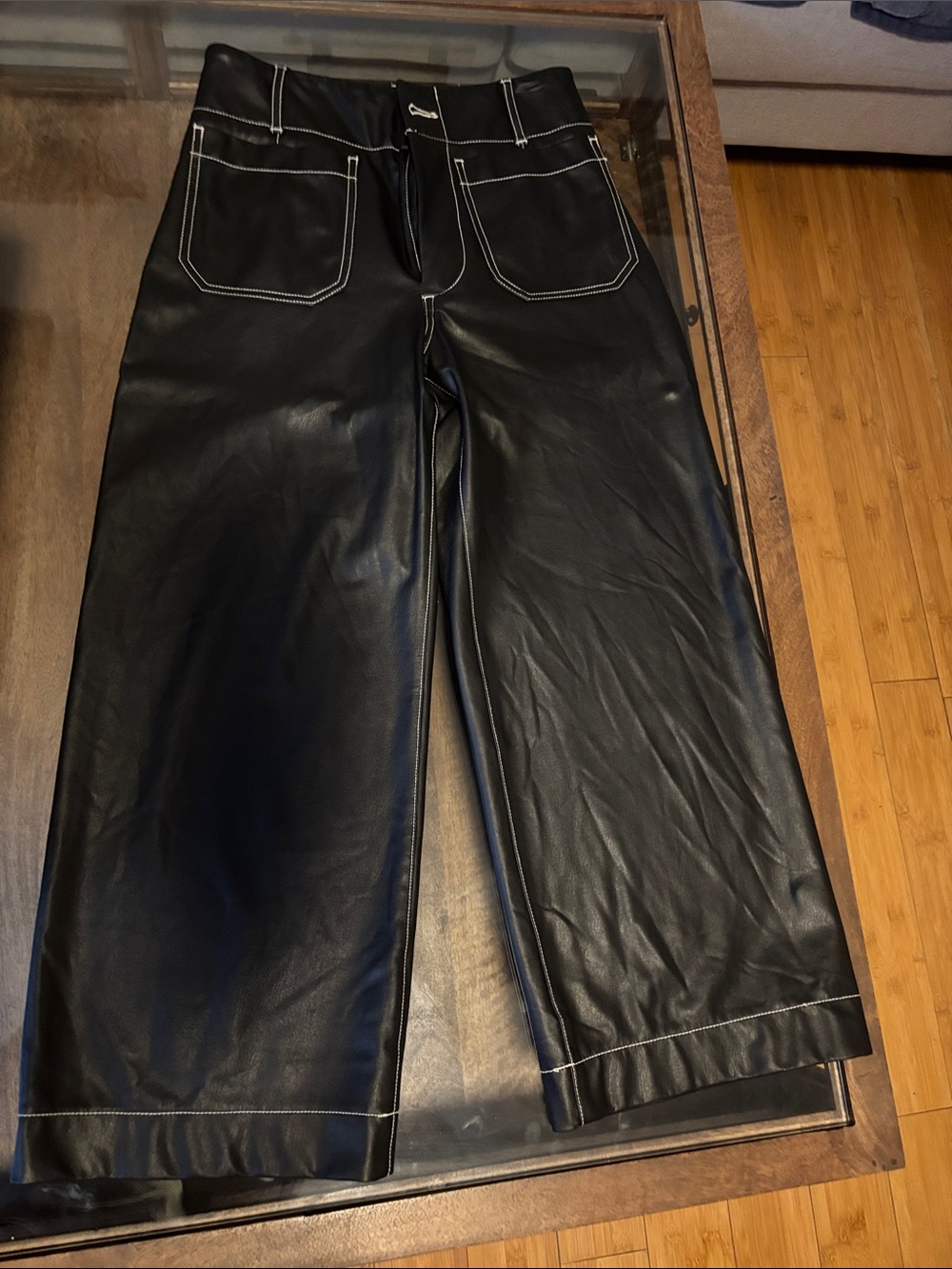 Maeve Collette Black Faux Leather Wide-Leg Pants with White Stitching